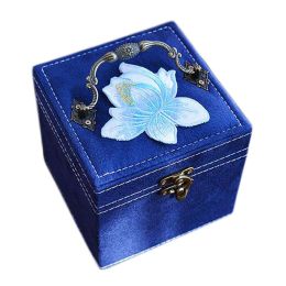 Dark Blue Velvet Chinese Style Small Three Layers Jewelry Storage Organizer Box Random Embroidery Travel Portable Jewelry Holder