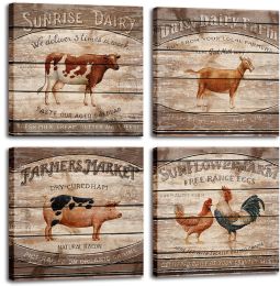 Animal & Farm Canvas Art Cattle Pig Chickens Pictures for Wall Retro Painting Wall Art for Wall Living Room Dining Room Decor