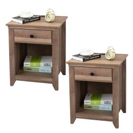 Set of 2 Farmhouse Nightstand, Wood Bedside Table with Charging Station, Drawer and Open Compartment, Light Brown XH