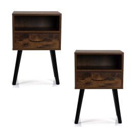 Bedroom & Small Spaces Mid Century Nightstand 2 Pcs Set With Drawer And Shelf