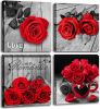 Red Flower Canvas Prints Wall Art Bedroom Decor,Rose Floral Pictures for bathroom Couples Bedroom Living room Decorations ,12 x 12" 4 Panels