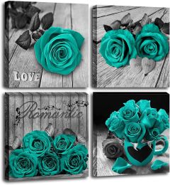 Teal Flower Canvas Prints Wall Art Bedroom Decor,Rose Floral Pictures for bathroom Couples Bedroom Living room Decorations ,12 x 12" 4 Panels