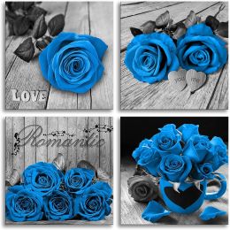 Blue Flower Canvas Prints Wall Art Bedroom Decor,Rose Floral Pictures for bathroom Couples Bedroom Living room Decorations ,12 x 12" 4 Panels