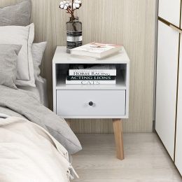 White Nightstand Side Table Side Table with Storage Drawers and Open Shelves Solid Wood Nightstand with Solid Wood Legs Modern Nightstand Bedroom Livi