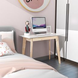 White Desk with Glossy Top Bedroom, Home Office Classic Study Desk Adult/Student Solid Rubber Wood Legs, Modern Dresser Computer Laptop Desk