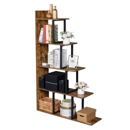 Wooden 5-Tier Bookshelf, Industrial Vintage Freestanding Bookcase Multipurpose Storage Display Rack, Wood Look Accent Metal Organizer Frame for Living