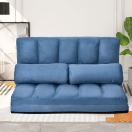 Double Chaise Lounge Sofa Floor Couch and Sofa with Two Pillows for Living Room (Blue) RT