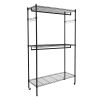 Double Rod Closet 3 Shelves Wire Shelving Clothing Rolling Rack Heavy Duty Garment Rack with Wheels and Side Hooks RT