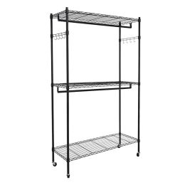 Double Rod Closet 3 Shelves Wire Shelving Clothing Rolling Rack Heavy Duty Garment Rack with Wheels and Side Hooks RT