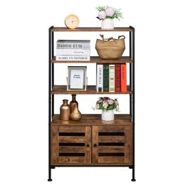 Bookshelf, Storage Cabinet with 3 Shelves and 2 Doors, Industrial Bookcase in Living Room, Study, Bedroom, Multifunctional, Rustic XH