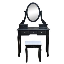 Vanity Table Set Cushioned Stool, Makeup Dressing Table 5 Drawers, Removeable 360Â° Rotating Mirror, Modern Writing Desk for Home Bedroom, Black