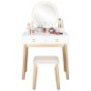 Elegant Vanity Set with Lighted Round Mirror and Cushioned Stool White&Champagne Color Finish Vanity Desk Solid Wood Makeup Dressing Table w/4 Storage