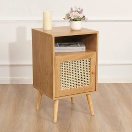 Nightstand with Natural Rattan Door Rattan Drawer, Wooden Bedside Table End Table for Living Room and Bedroom