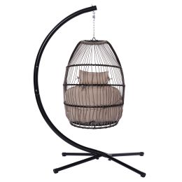 Patio Wicker folding Hanging Chair,Rattan Swing Hammock Egg Chair with X type Base and C Type bracket , with cushion and pillow,for Patio,Bedroom Balc