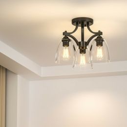 3-Light Semi Flush Mount Ceiling Light with Vintage Clear Glass Pendant