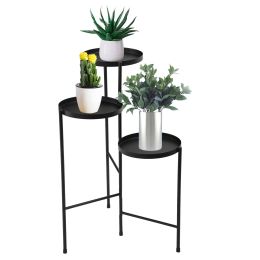 3 Tier Foldable Metal Plant Stand with Trays for Living Room, Bedroom, Balcony, Hallway, Black