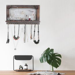 Wall Mounted Wooden Holder Hanging Jewelry Organizer with a Removable Bar, a Shelf and 15 Hooks, Rustic Brown