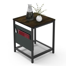 Side Table with Storage Bag, Square End Table with Grid storage rack, Sofa Table for Living Room, Bedroom, Small Spaces,Easy Assembly,Rustic Brown