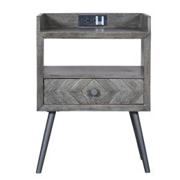 DunaWest 25 Inch Raised Top Wooden End Side Table Nightstand with Drawer and Power Outlet, Gray