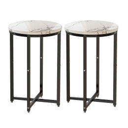 Set of 2 Round End Side Table with Faux Marble Top and Metal Frame for Living Room Bedroom Balcony Small Space Modern Home Decor