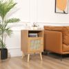 Nightstand with Natural Rattan Door Rattan Drawer, Wooden Bedside Table End Table for Living Room and Bedroom