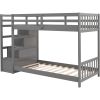 Twin over Twin Double Parallel Bunk Beds with Storage Staircase in the Middle and Full Length Guardrails, Gray