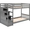 Twin over Twin Double Parallel Bunk Beds with Storage Staircase in the Middle and Full Length Guardrails, Gray