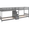 Twin over Twin Double Parallel Bunk Beds with Storage Staircase in the Middle and Full Length Guardrails, Gray