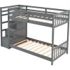 Twin over Twin Double Parallel Bunk Beds with Storage Staircase in the Middle and Full Length Guardrails, Gray