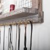 Wall Mounted Wooden Holder Hanging Jewelry Organizer with a Removable Bar, a Shelf and 15 Hooks, Rustic Brown