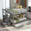 Twin-over-Twin Bunk Bed with Trundle, Drawer and Storage Ladder, Gray