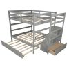 Twin-over-Twin Bunk Bed with Trundle, Drawer and Storage Ladder, Gray