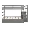 Twin-over-Twin Bunk Bed with Trundle, Drawer and Storage Ladder, Gray