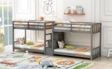 Twin over Twin Double Parallel Bunk Beds with Storage Staircase in the Middle and Full Length Guardrails, Gray