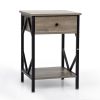 Set of 2 Nightstand Industrial End Table with Drawer, Storage Shelf and Metal Frame for Living Room, Bedroom,Washed Gray