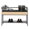 Shoe Storage Bench, Industrial Hidden Shoe Rack Bench Organizer with Storage Chest, Mesh Shelf for Entryway, Mushroom, Living Room (White Oak) RT