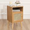 Nightstand with Natural Rattan Door Rattan Drawer, Wooden Bedside Table End Table for Living Room and Bedroom