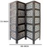 Four Panel Mango Wood Room Divider with Traditional Carvings, Black and White