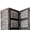 Four Panel Mango Wood Room Divider with Traditional Carvings, Black and White