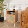 Nightstand with Natural Rattan Door Rattan Drawer, Wooden Bedside Table End Table for Living Room and Bedroom