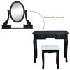 Vanity Table Set Cushioned Stool, Makeup Dressing Table 5 Drawers, Removeable 360Â° Rotating Mirror, Modern Writing Desk for Home Bedroom, Black