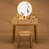 Elegant Vanity Set with Lighted Round Mirror and Cushioned Stool White&Champagne Color Finish Vanity Desk Solid Wood Makeup Dressing Table w/4 Storage