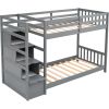 Twin over Twin Double Parallel Bunk Beds with Storage Staircase in the Middle and Full Length Guardrails, Gray