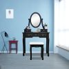 Vanity Table Set Cushioned Stool, Makeup Dressing Table 5 Drawers, Removeable 360Â° Rotating Mirror, Modern Writing Desk for Home Bedroom, Black