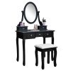 Vanity Table Set Cushioned Stool, Makeup Dressing Table 5 Drawers, Removeable 360Â° Rotating Mirror, Modern Writing Desk for Home Bedroom, Black