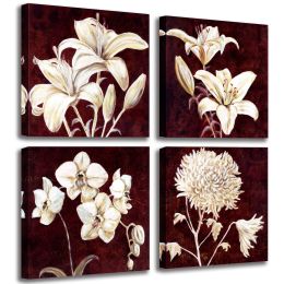 Vintage Flowers Wall Art Paintings Print on Canvas 4 Panels Blooming Lily Pictures for Bedroom Decoration Framed Floral Artwork (size: 12x12inchx4pcs)