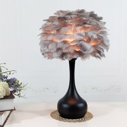 Luxury Feather Table Lamp Bedroom Bedside Light Nordic Ins Touch Dimming Desk Lights for Living Room Study Room Decor Lighting (Color: Grey, power-style: EU-Power switch button)