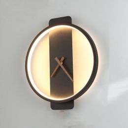 Nordic Wall Lamp Bedroom Bedside Lamp Clock Modeling Lamp (Color: Black round style)