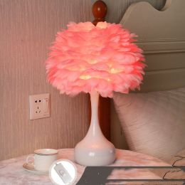 Feather Table Lamp Bedroom Bedside Lamp Nordic Ins (Color: Pink 7W three colors)