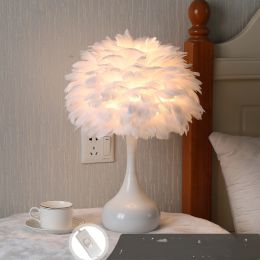 Feather Table Lamp Bedroom Bedside Lamp Nordic Ins (Color: White 7W three colors)